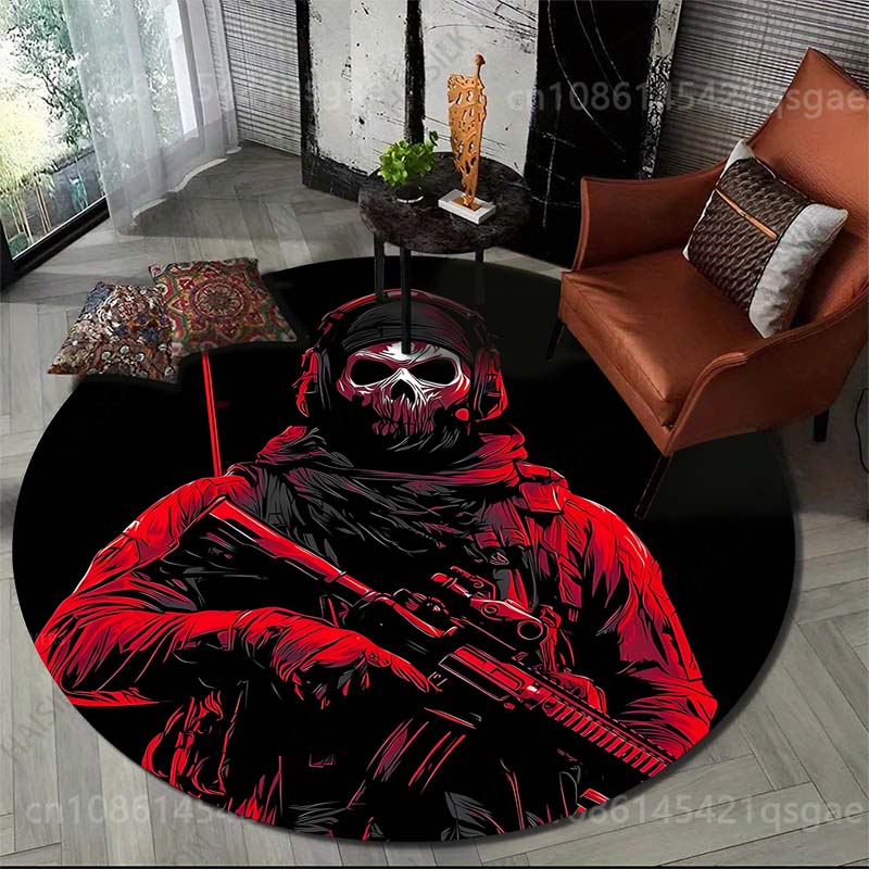 Home Textiles Images - พรมทรงกลมพิมพ์ลายทหารหลายขนาดพร้อมหน้ากากหัวกะโหลก สำหรับห้องนั่งเล่น ห้องนอน โต๊ะโซฟา พรมปูพื้น พรมตกแต่ง